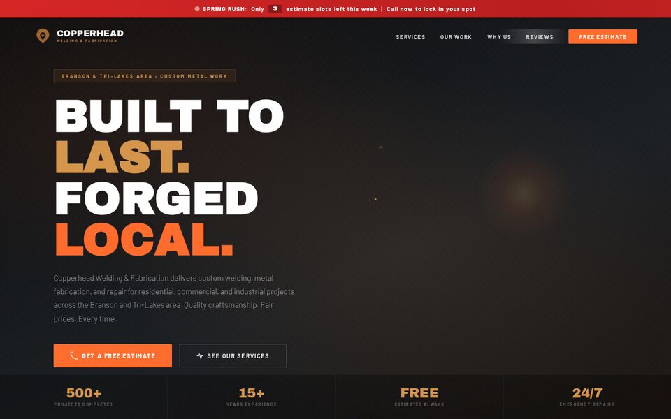 Home page of the Copperhead Welding & Fabrication website on a desktop screen