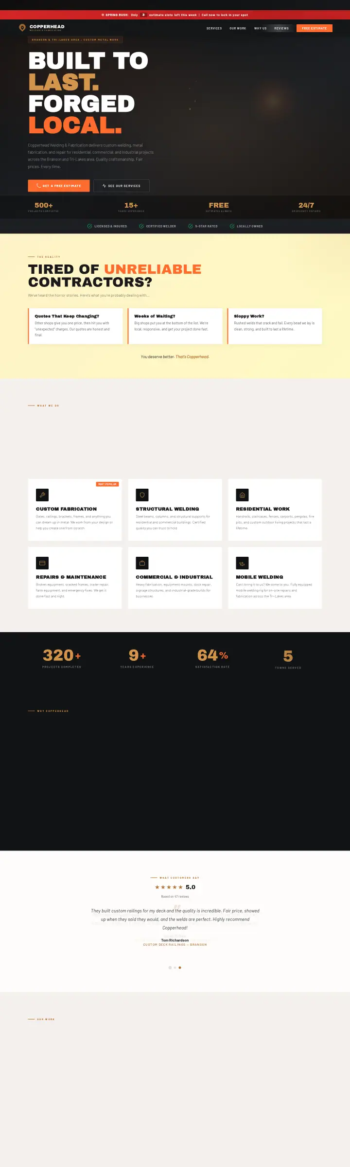 Home page of the Copperhead Welding & Fabrication website shown as one full page from top to bottom