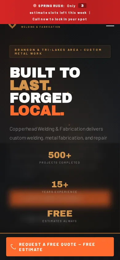 Home page of the Copperhead Welding & Fabrication website on a phone