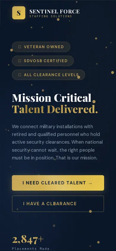 Home page of the Sentinel Force Staffing website on a phone