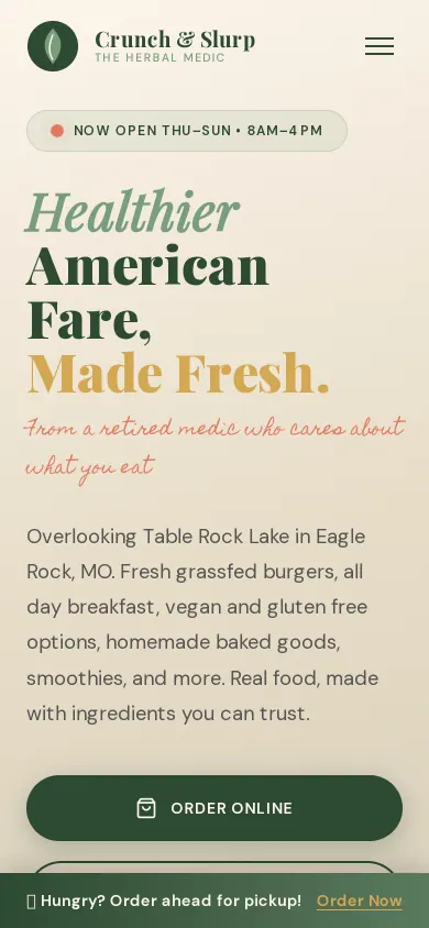 Home page of the The Herbal Medic's Crunch & Slurp website on a phone
