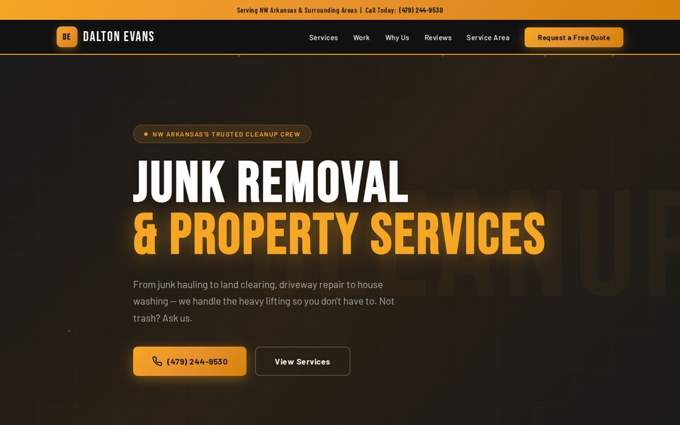 Home page of the Dalton Evans Junk Removal website on a desktop screen