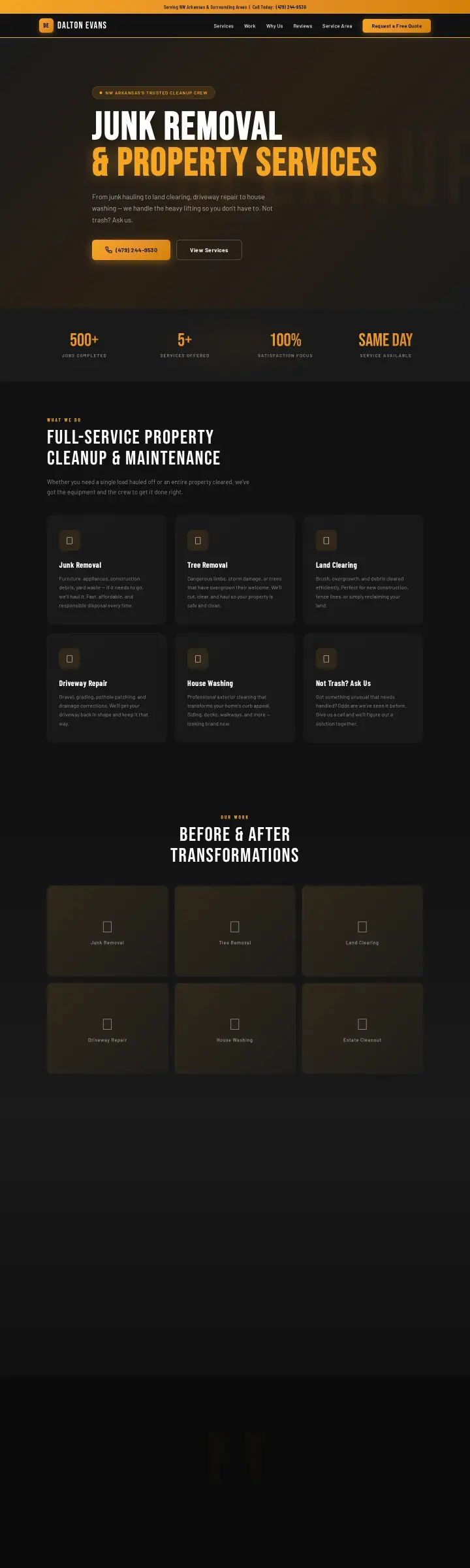 Home page of the Dalton Evans Junk Removal website shown as one full page from top to bottom