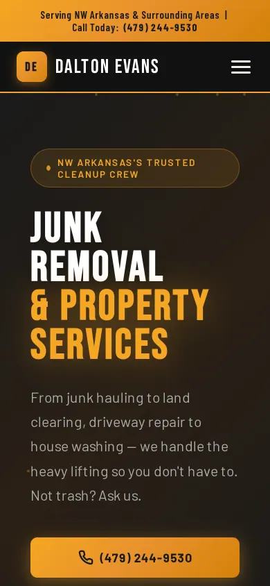 Home page of the Dalton Evans Junk Removal website on a phone