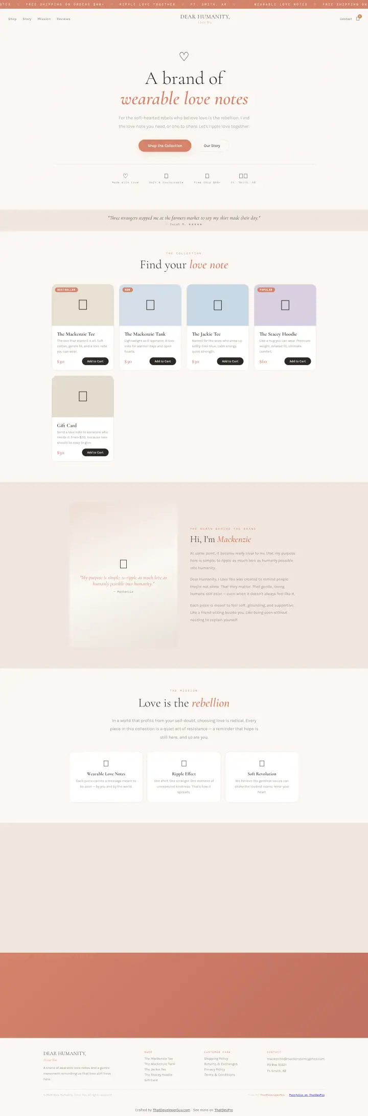 Home page of the Dear Humanity ILY website shown as one full page from top to bottom