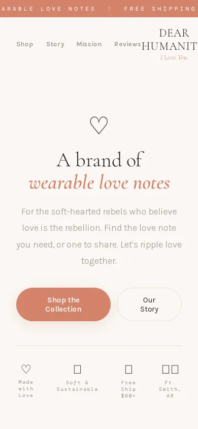 Home page of the Dear Humanity ILY website on a phone