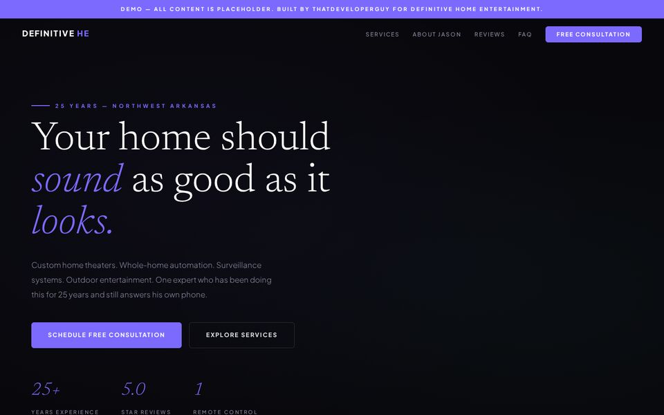 Home page of the Definitive Home Entertainment website on a desktop screen
