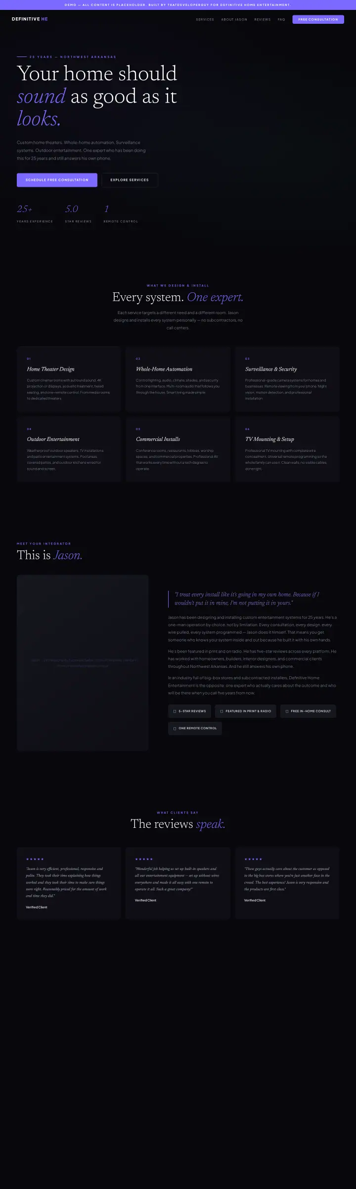Home page of the Definitive Home Entertainment website shown as one full page from top to bottom