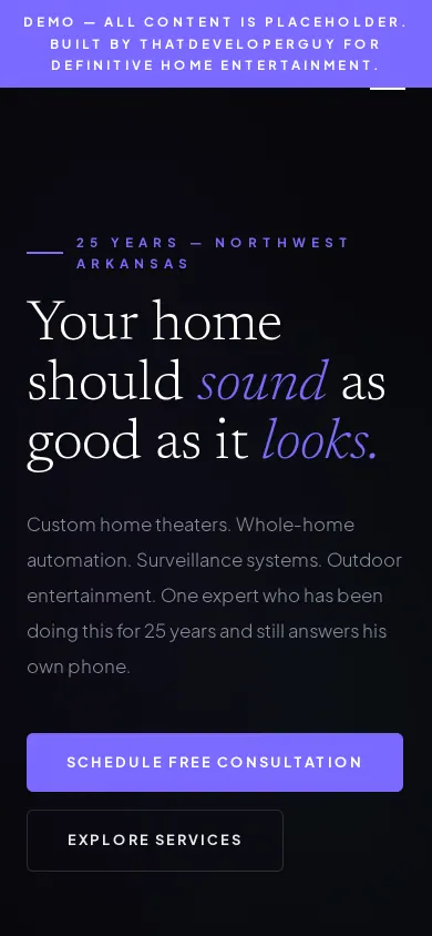 Home page of the Definitive Home Entertainment website on a phone