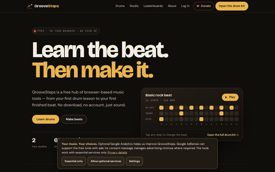 Home page of the GrooveSteps website on a desktop screen