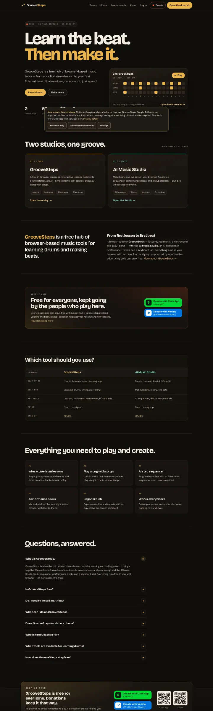 Home page of the GrooveSteps website shown as one full page from top to bottom