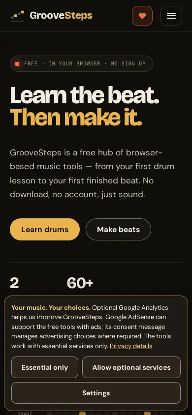 Home page of the GrooveSteps website on a phone