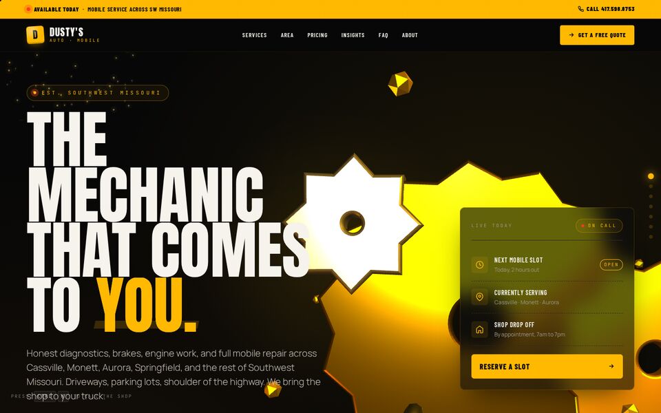 Home page of the Dusty's Automotive and Mobile Service website on a desktop screen