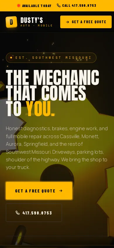 Home page of the Dusty's Automotive and Mobile Service website on a phone