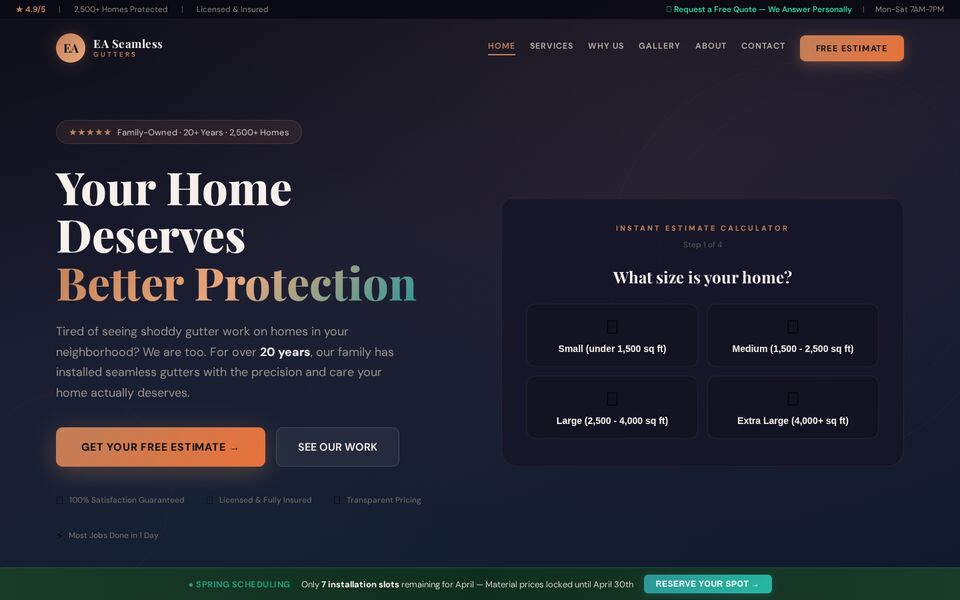 Home page of the EA Seamless Gutters website on a desktop screen
