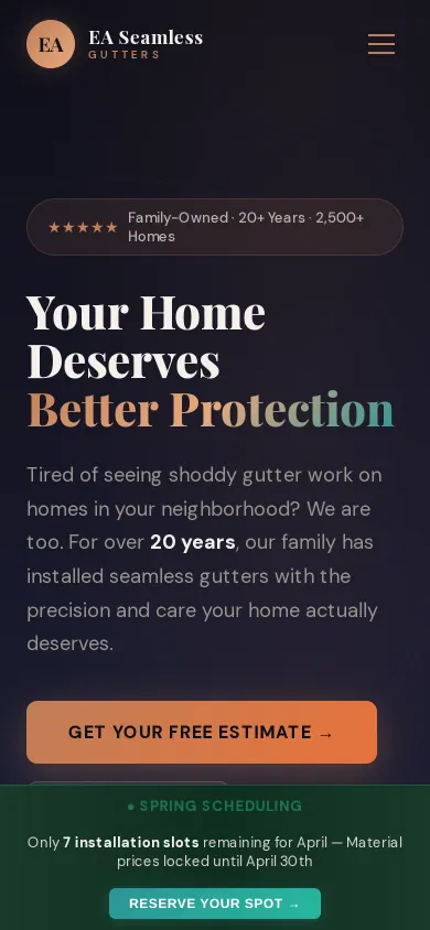 Home page of the EA Seamless Gutters website on a phone