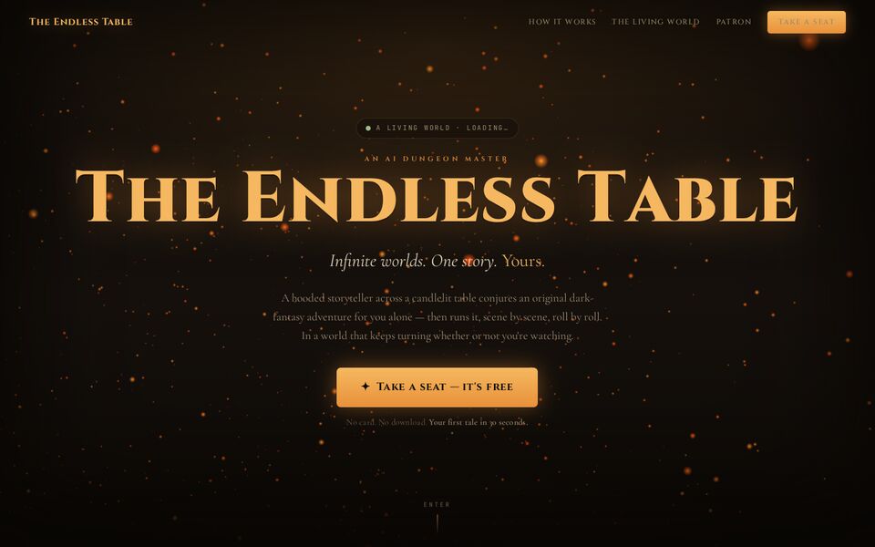 Home page of the The Endless Table website on a desktop screen