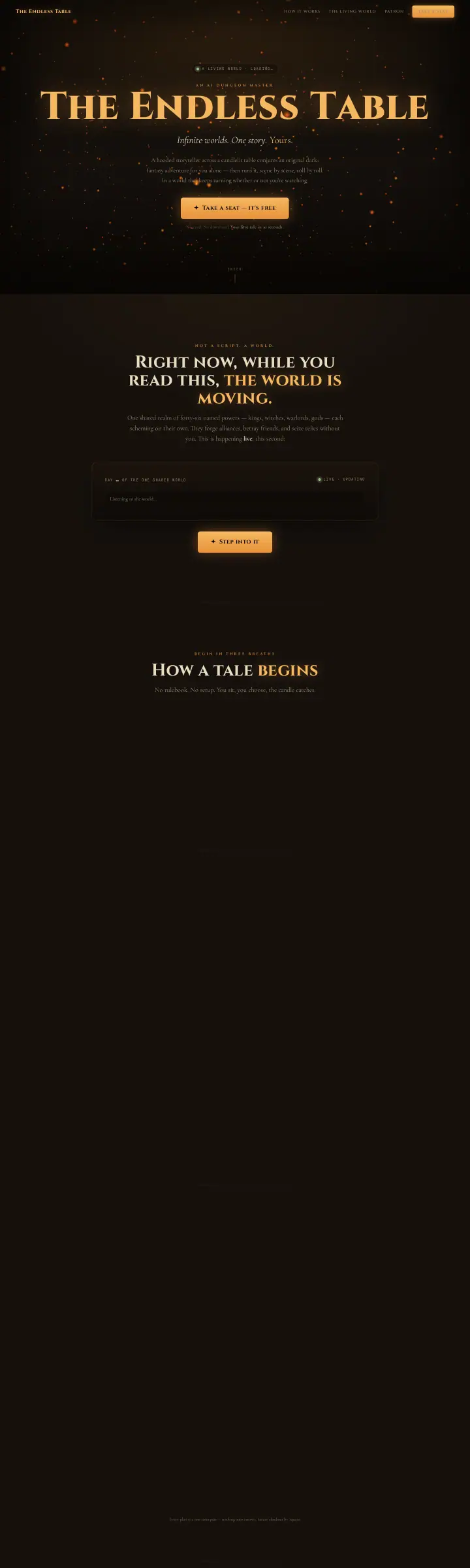 Home page of the The Endless Table website shown as one full page from top to bottom