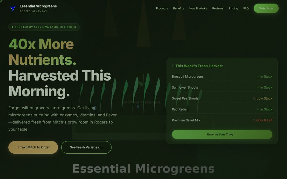 Home page of the Essential Microgreens website on a desktop screen
