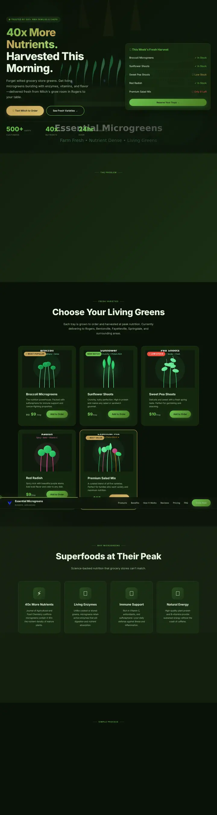 Home page of the Essential Microgreens website shown as one full page from top to bottom