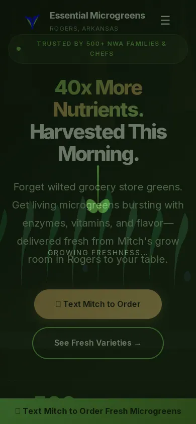 Home page of the Essential Microgreens website on a phone