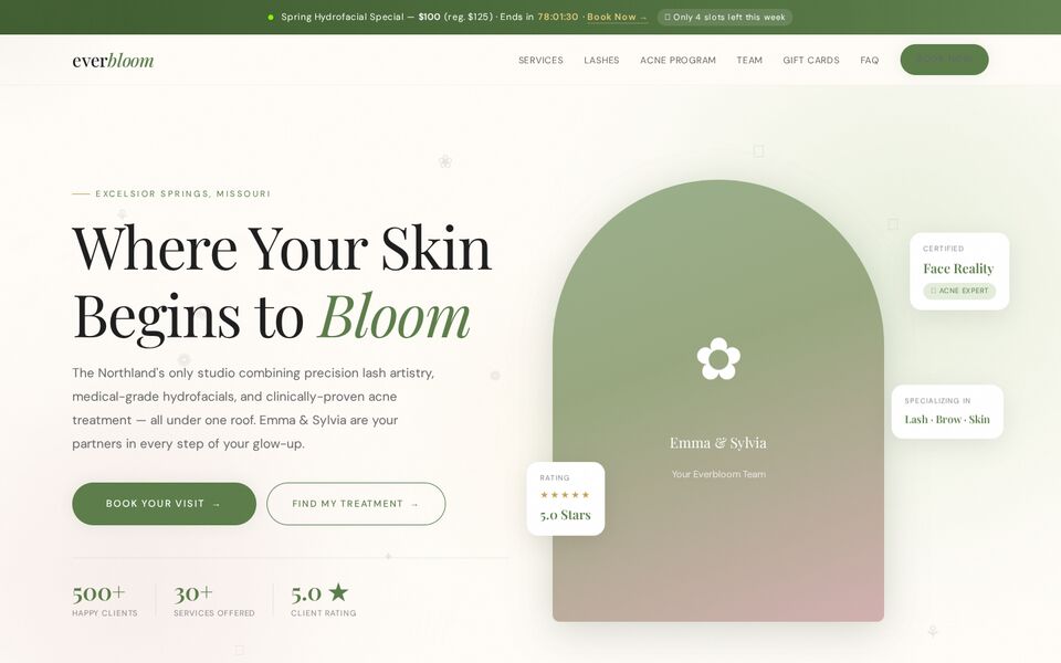Home page of the Everbloom Esthetics website on a desktop screen
