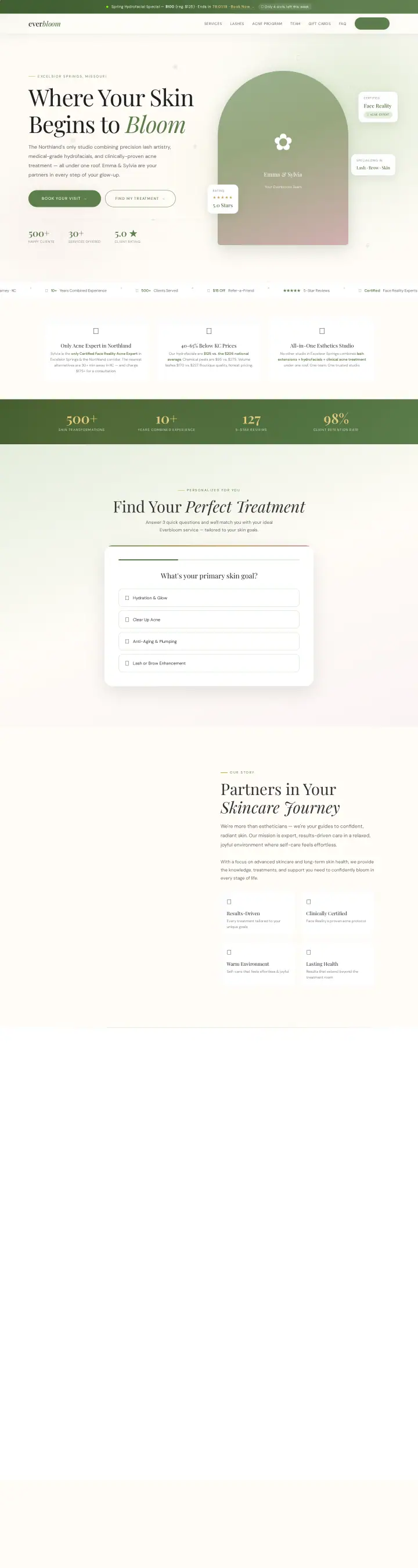 Home page of the Everbloom Esthetics website shown as one full page from top to bottom