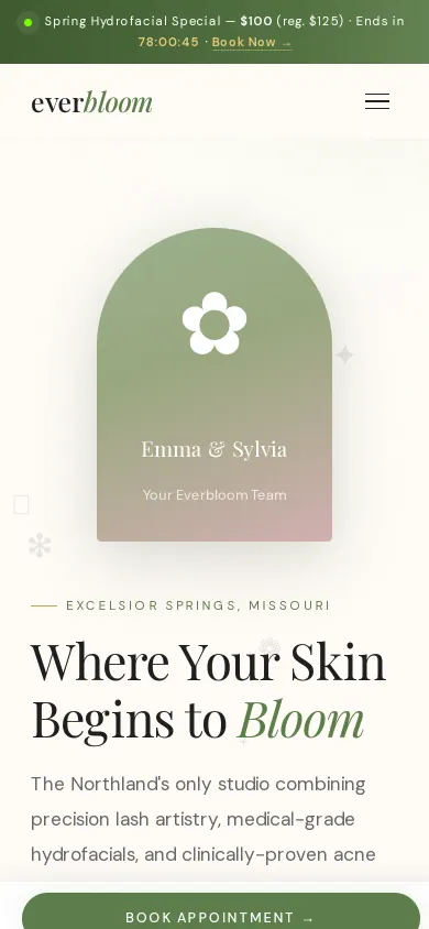 Home page of the Everbloom Esthetics website on a phone