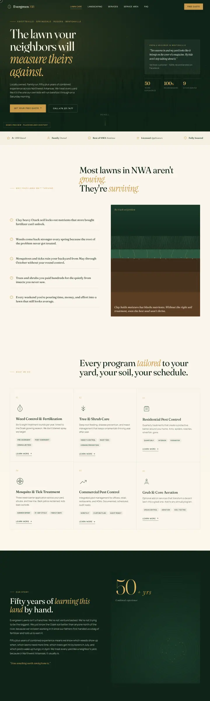 Home page of the Evergreen Lawns and Pest Control website shown as one full page from top to bottom