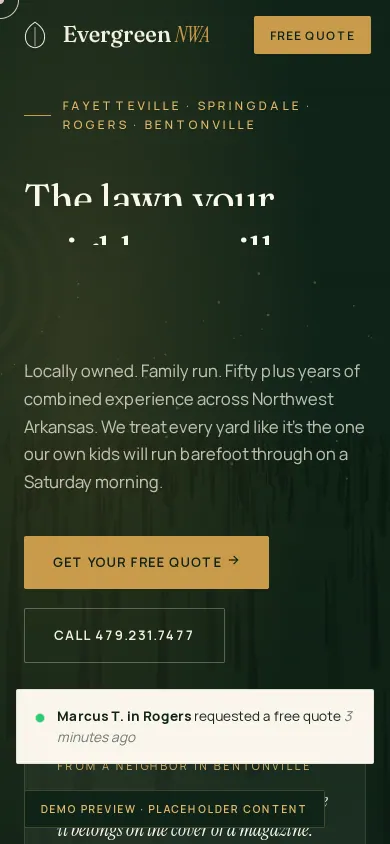 Home page of the Evergreen Lawns and Pest Control website on a phone