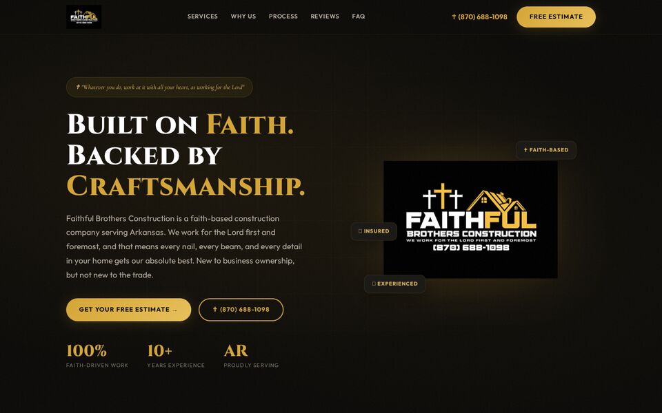 Home page of the Faithful Brothers Construction website on a desktop screen