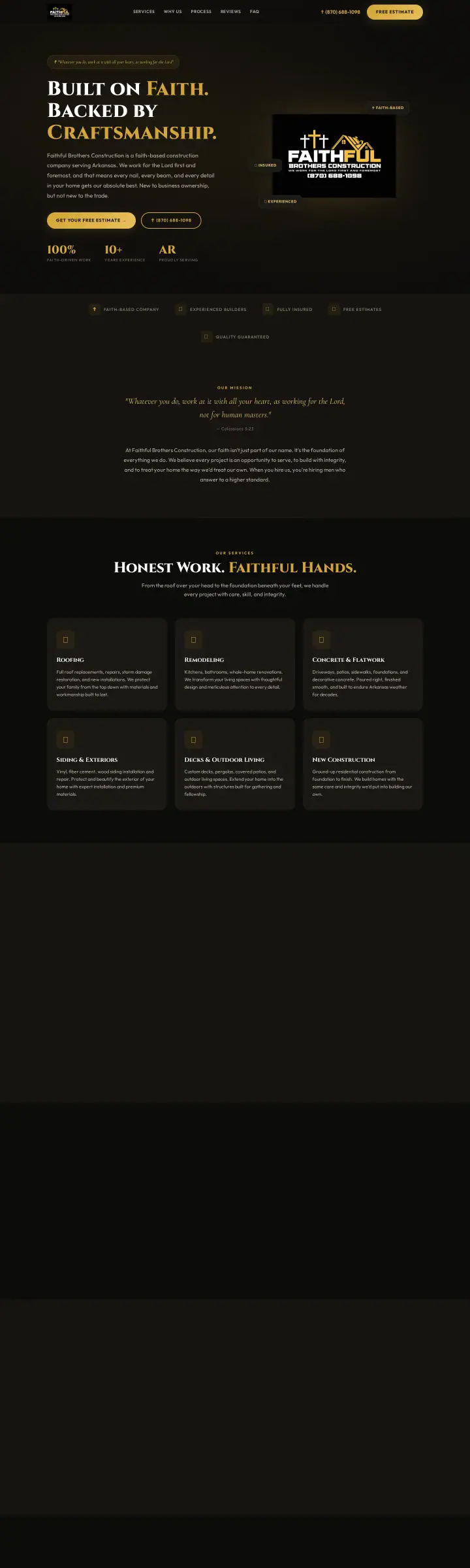 Home page of the Faithful Brothers Construction website shown as one full page from top to bottom