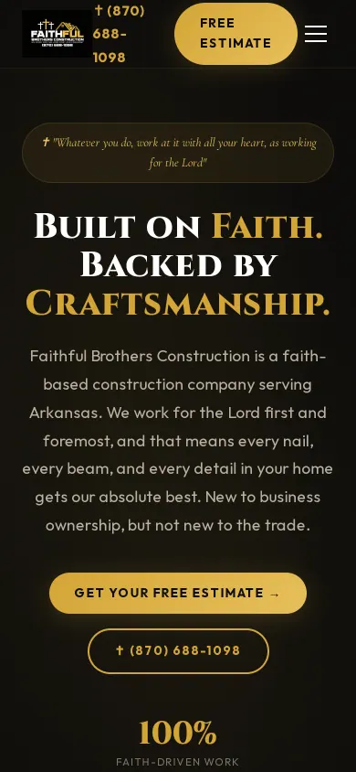 Home page of the Faithful Brothers Construction website on a phone