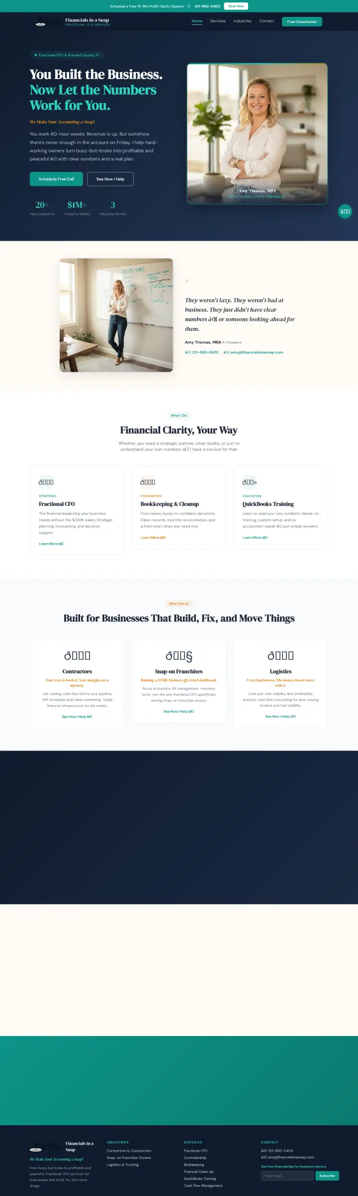 Home page of the Financials in a Snap website shown as one full page from top to bottom