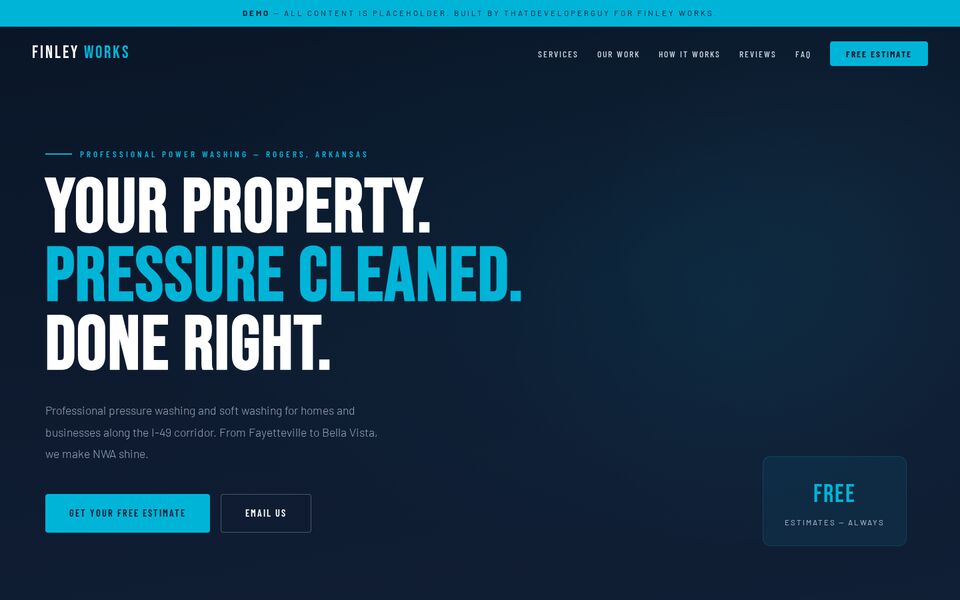 Home page of the Finley Works Power Washing website on a desktop screen