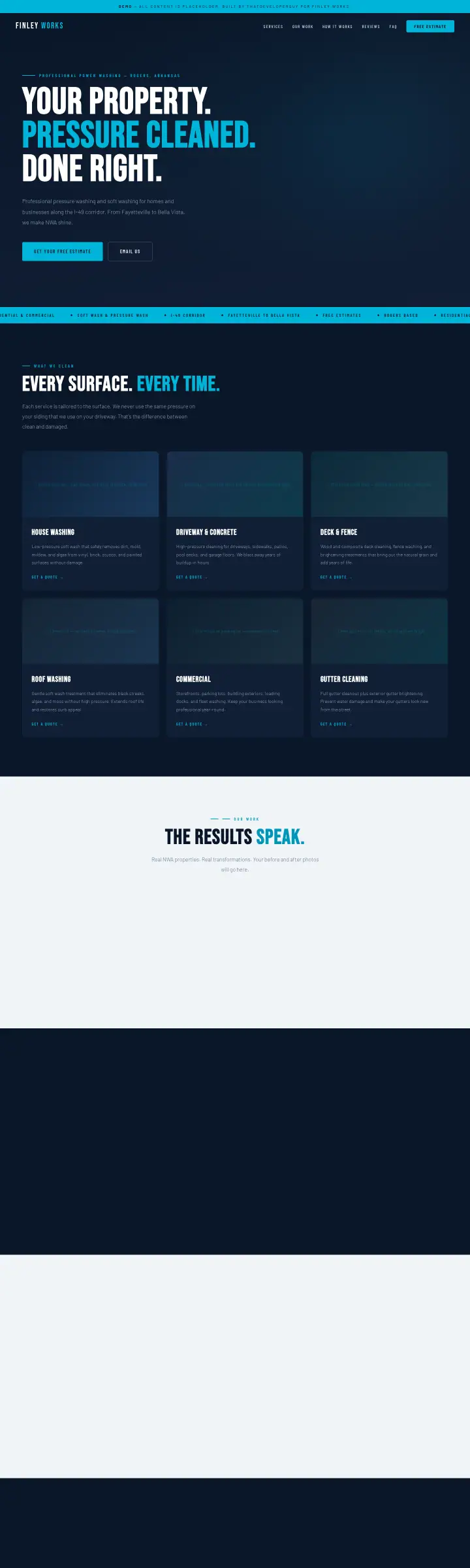 Home page of the Finley Works Power Washing website shown as one full page from top to bottom