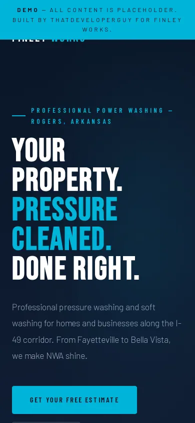 Home page of the Finley Works Power Washing website on a phone