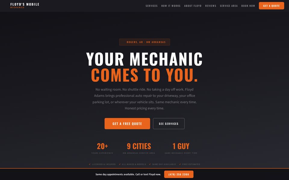 Home page of the Floyd's Mobile Mechanics website on a desktop screen