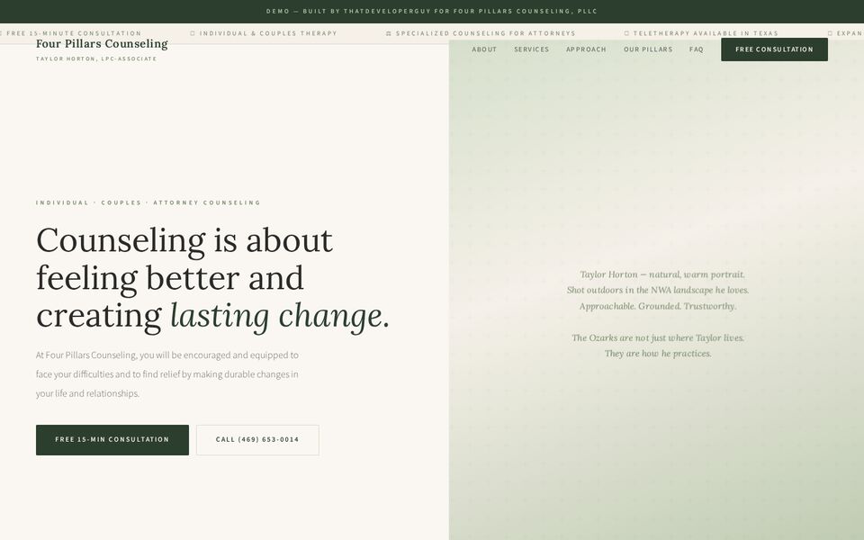Home page of the Four Pillars Counseling, PLLC website on a desktop screen