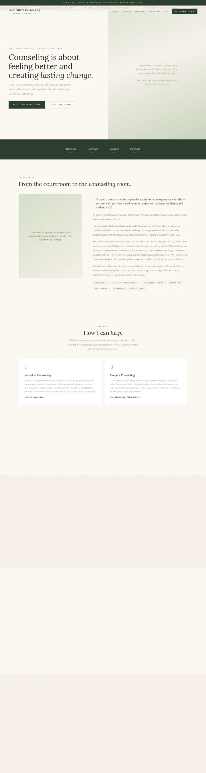 Home page of the Four Pillars Counseling, PLLC website shown as one full page from top to bottom