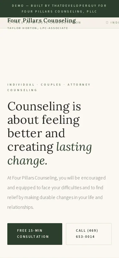 Home page of the Four Pillars Counseling, PLLC website on a phone