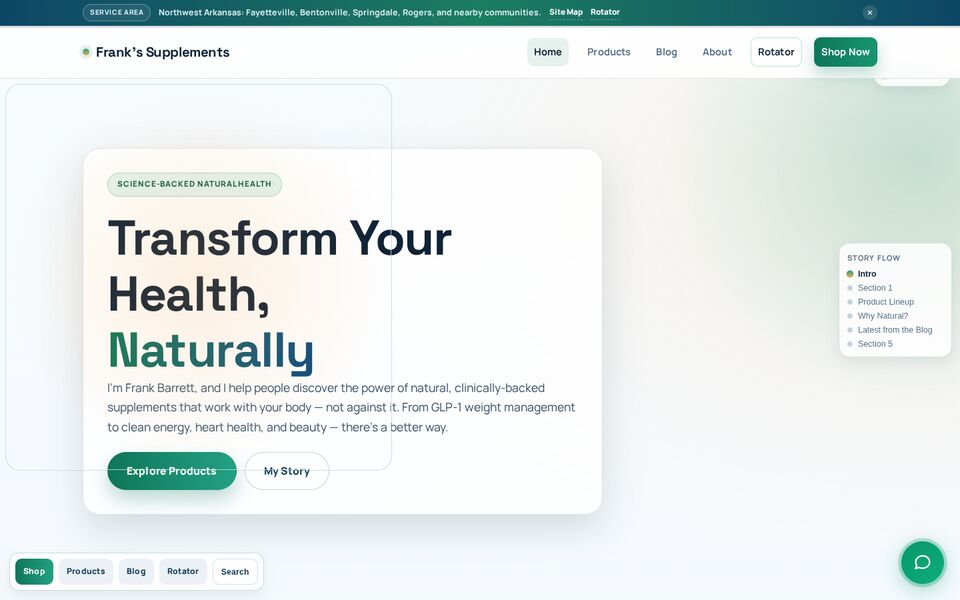 Home page of the Franks Supplements website on a desktop screen