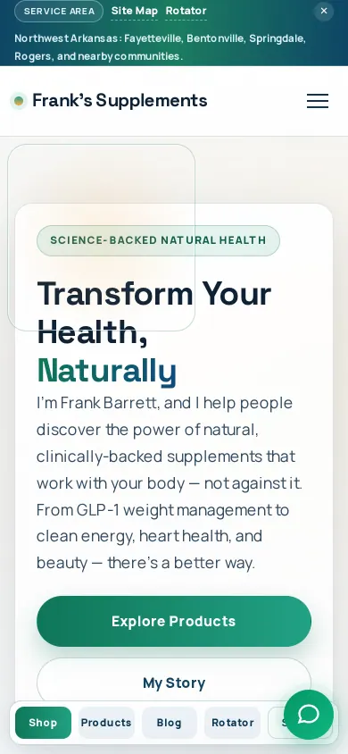 Home page of the Franks Supplements website on a phone