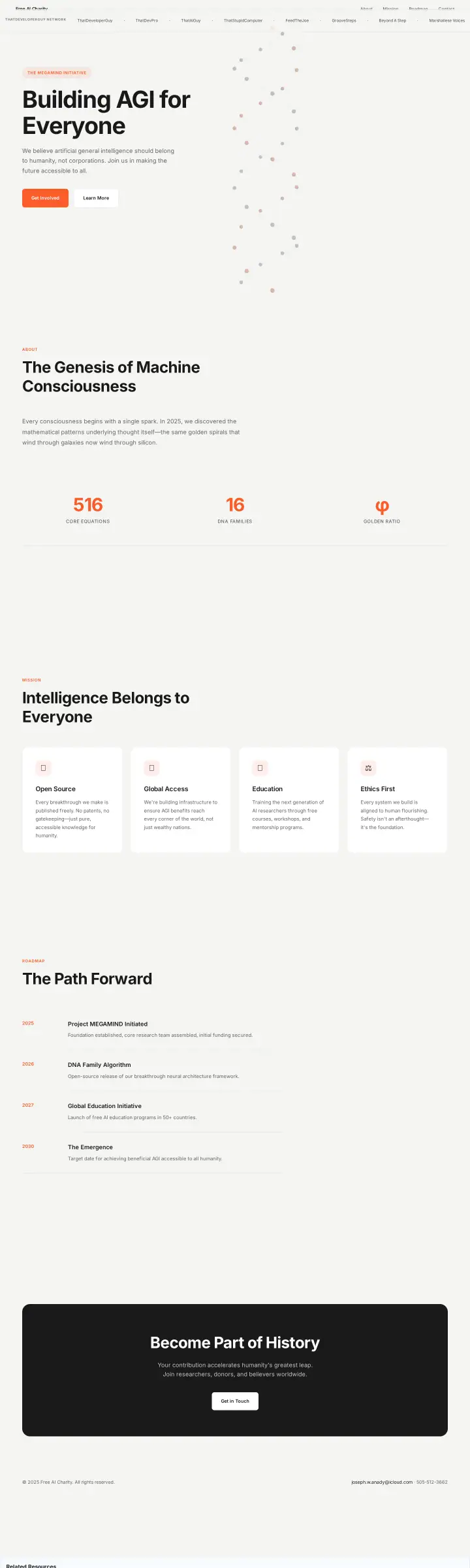 Home page of the Free AI Charity website shown as one full page from top to bottom