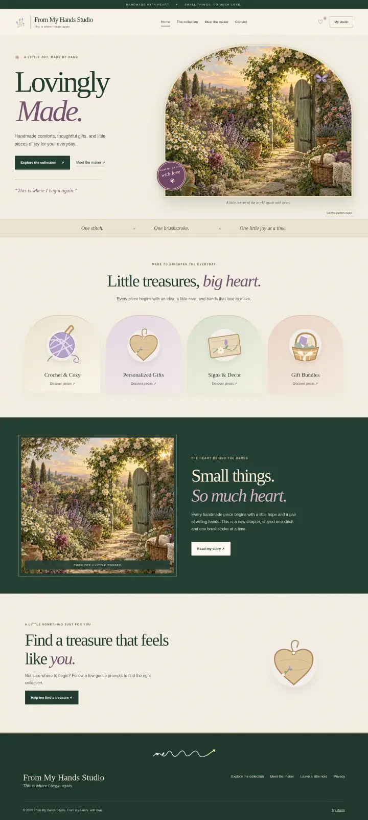 Home page of the From My Hands Studio website shown as one full page from top to bottom