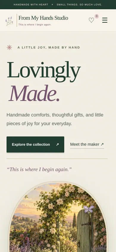 Home page of the From My Hands Studio website on a phone