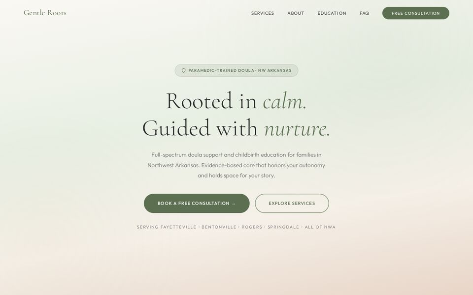 Home page of the Gentle Roots Birth Care website on a desktop screen