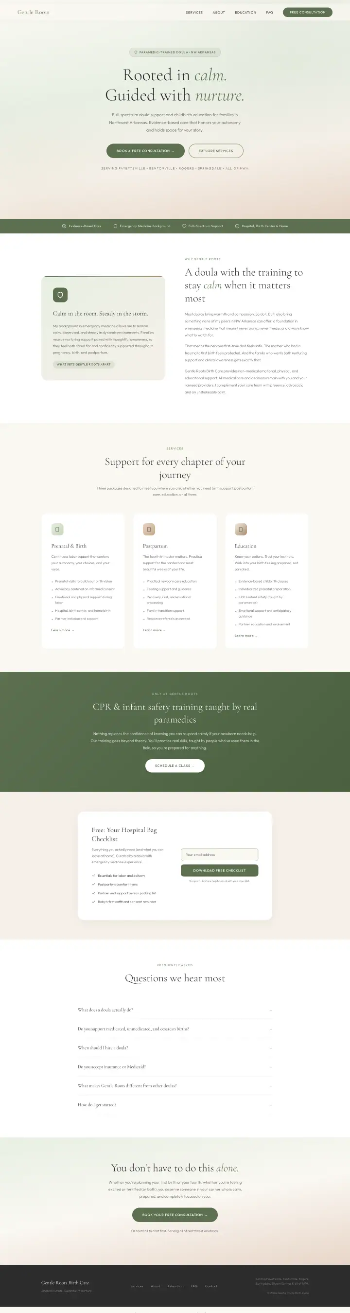 Home page of the Gentle Roots Birth Care website shown as one full page from top to bottom