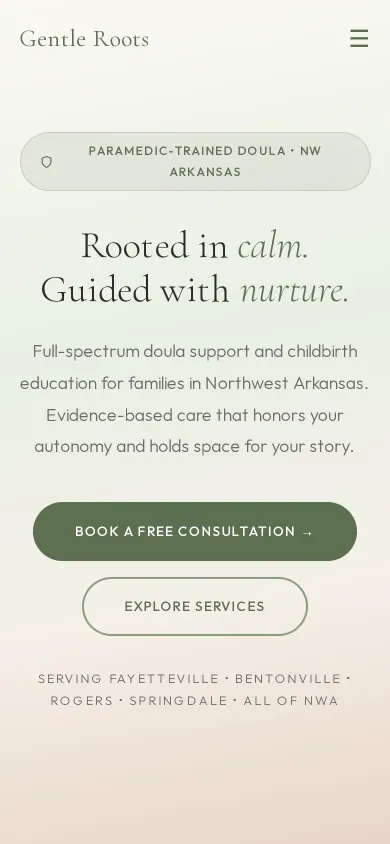 Home page of the Gentle Roots Birth Care website on a phone