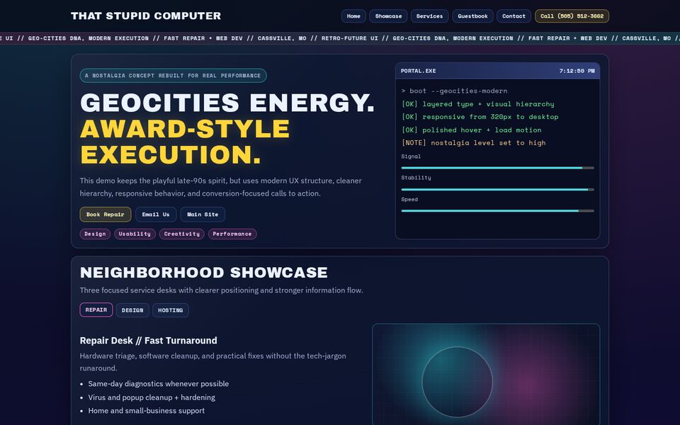Home page of the GeoCities study website on a desktop screen
